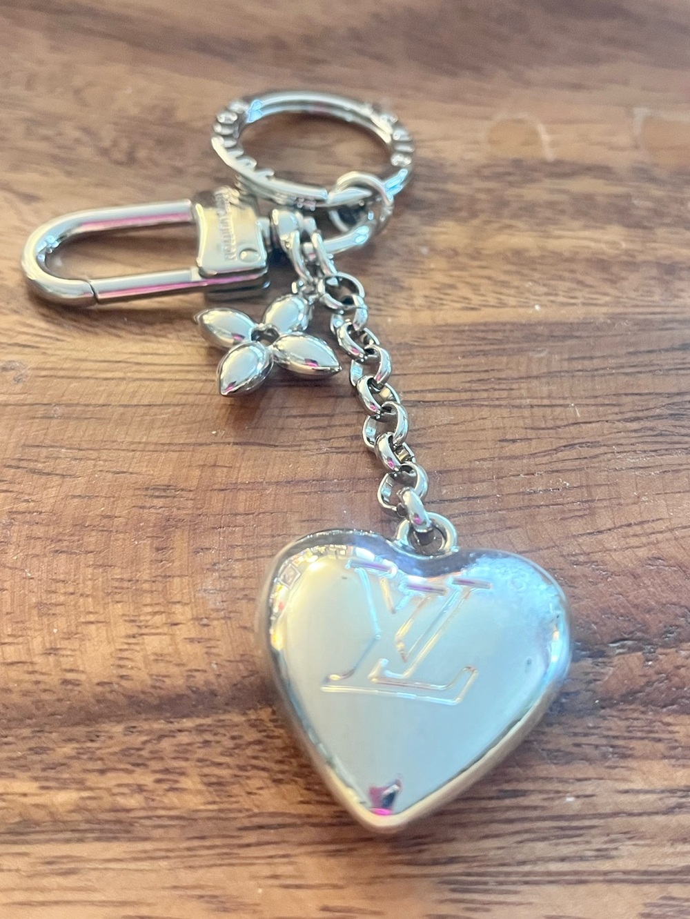 Louis Vuitton Silver Heart Keychain with Monogram Flower Charm